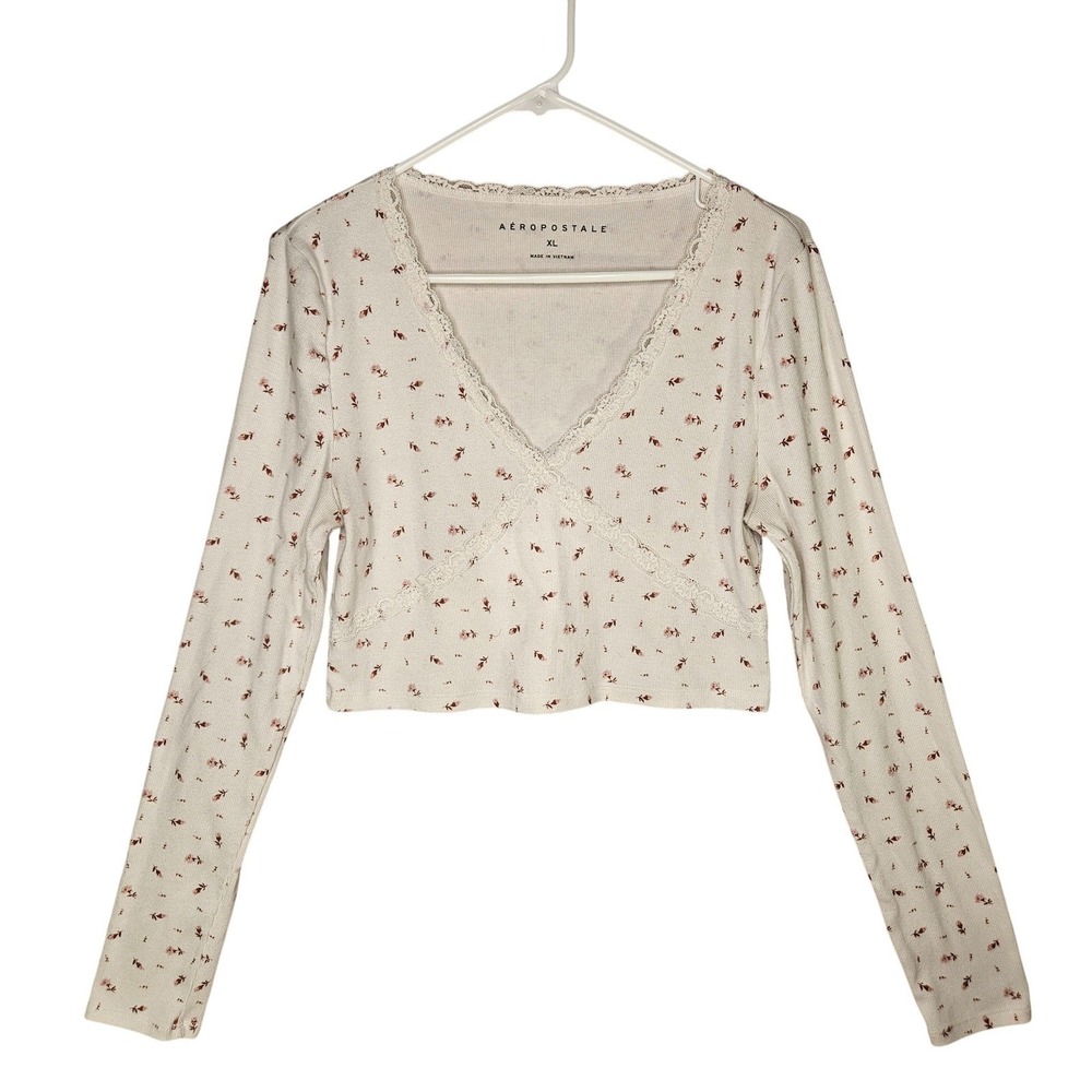 Vtg 90s Aeropostale Babydoll‎ Floral Long Sleeve Crop Top Lace XL Boho Festival
